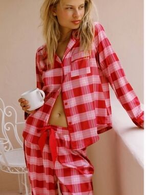 Beach Riot Red & Pink Plaid Candy Stripe Pajama Satin Sleep Shirt and Pants Med